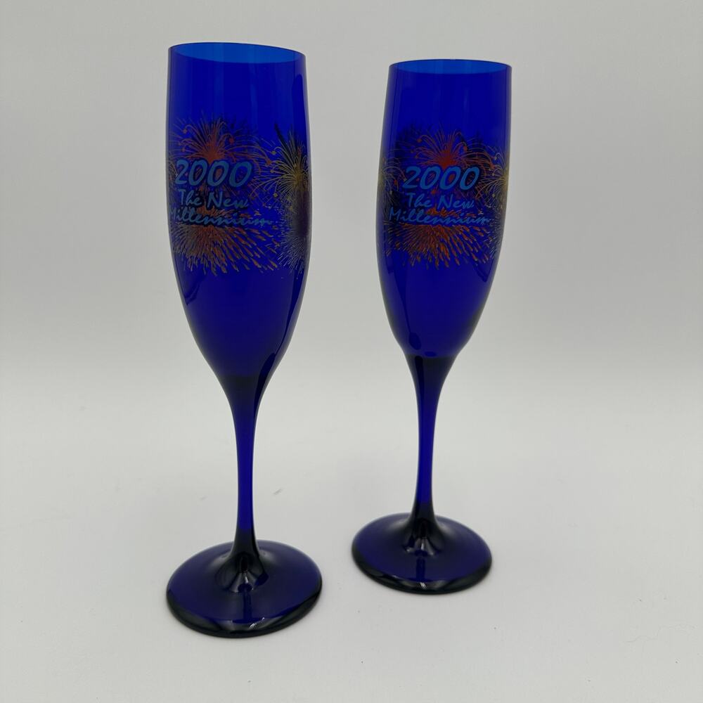 Vintage 2000 Champagne Flutes Libbey Milennium Cobalt, set/2 Turn of the Century